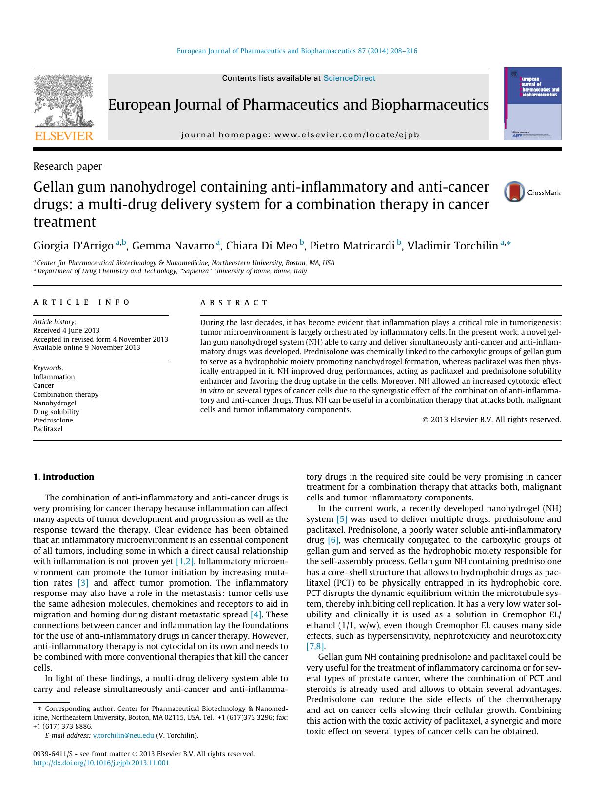 Gellan gum nanohydrogel containing anti-inflammatory and anti-cancer drugs: a multi-drug delivery system for a combination therapy in cancer treatment by Giorgia Dâ€™Arrigo & Gemma Navarro & Chiara Di Meo & Pietro Matricardi & Vladimir Torchilin