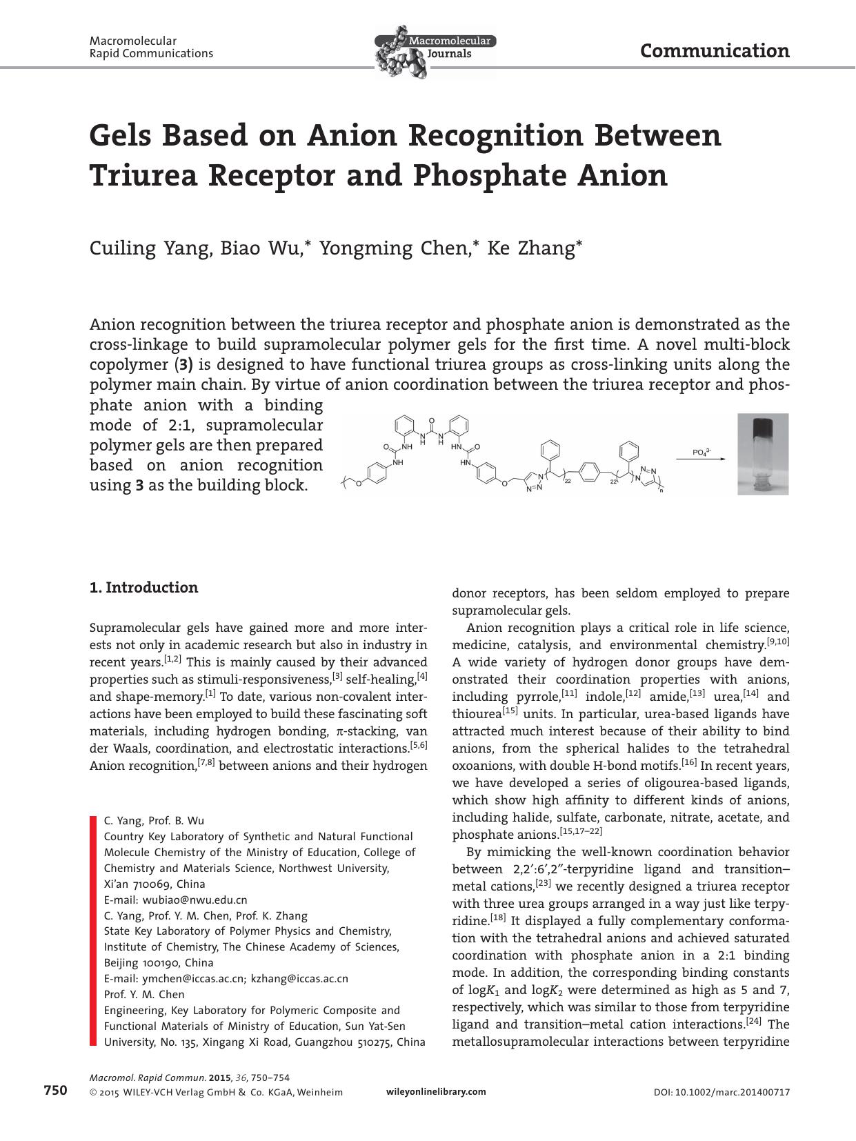 Gels Based on Anion Recognition Between Triurea Receptor and Phosphate Anion by Unknown