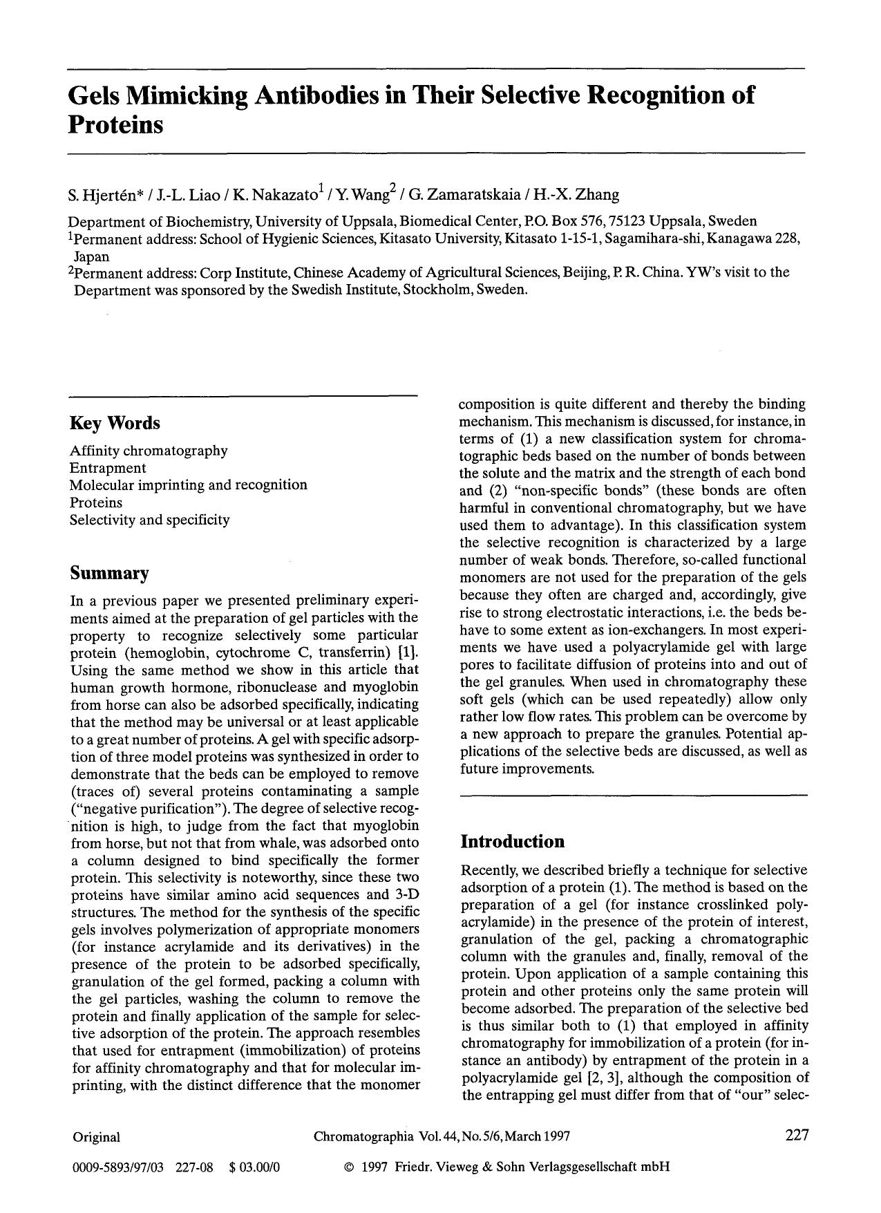 Gels mimicking antibodies in their selective recognition of proteins by Unknown