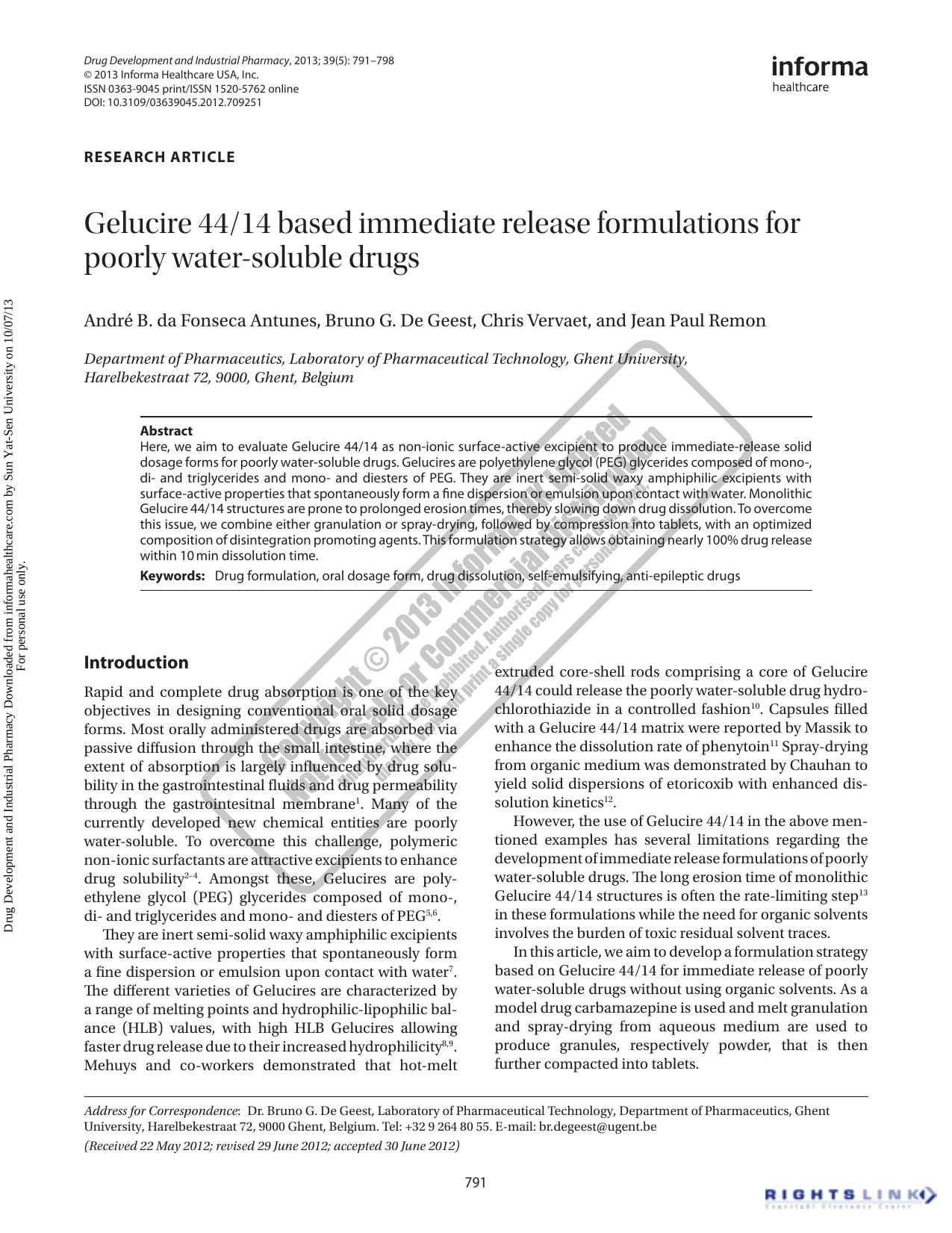 Gelucire 4414 based immediate release formulations for poorly water-soluble drugs by André B. da Fonseca Antunes Bruno G. De Geest Chris Vervaet Jean Paul Remon