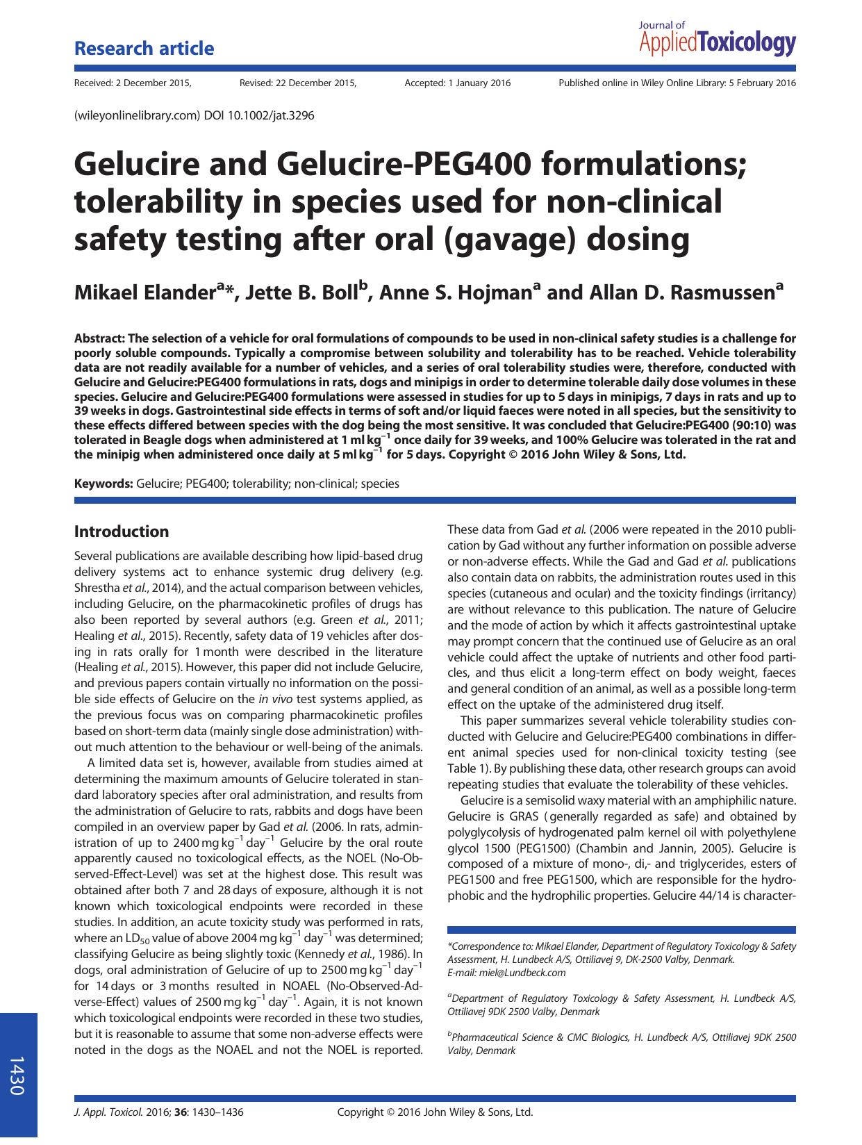 Gelucire and Gelucire-PEG400 formulations; tolerability in species used for non-clinical safety testing after oral (gavage) dosing by Mikael Elander Jette B. Boll Anne S. Hojman Allan D. Rasmussen