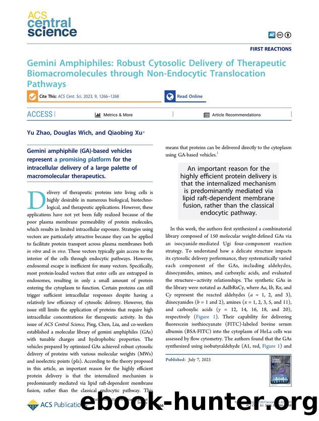 Gemini Amphiphiles: Robust Cytosolic Delivery of Therapeutic Biomacromolecules through Non-Endocytic Translocation Pathways by Yu Zhao & Douglas Wich & Qiaobing Xu (ORCID: g/0000-0001-7323-7795)