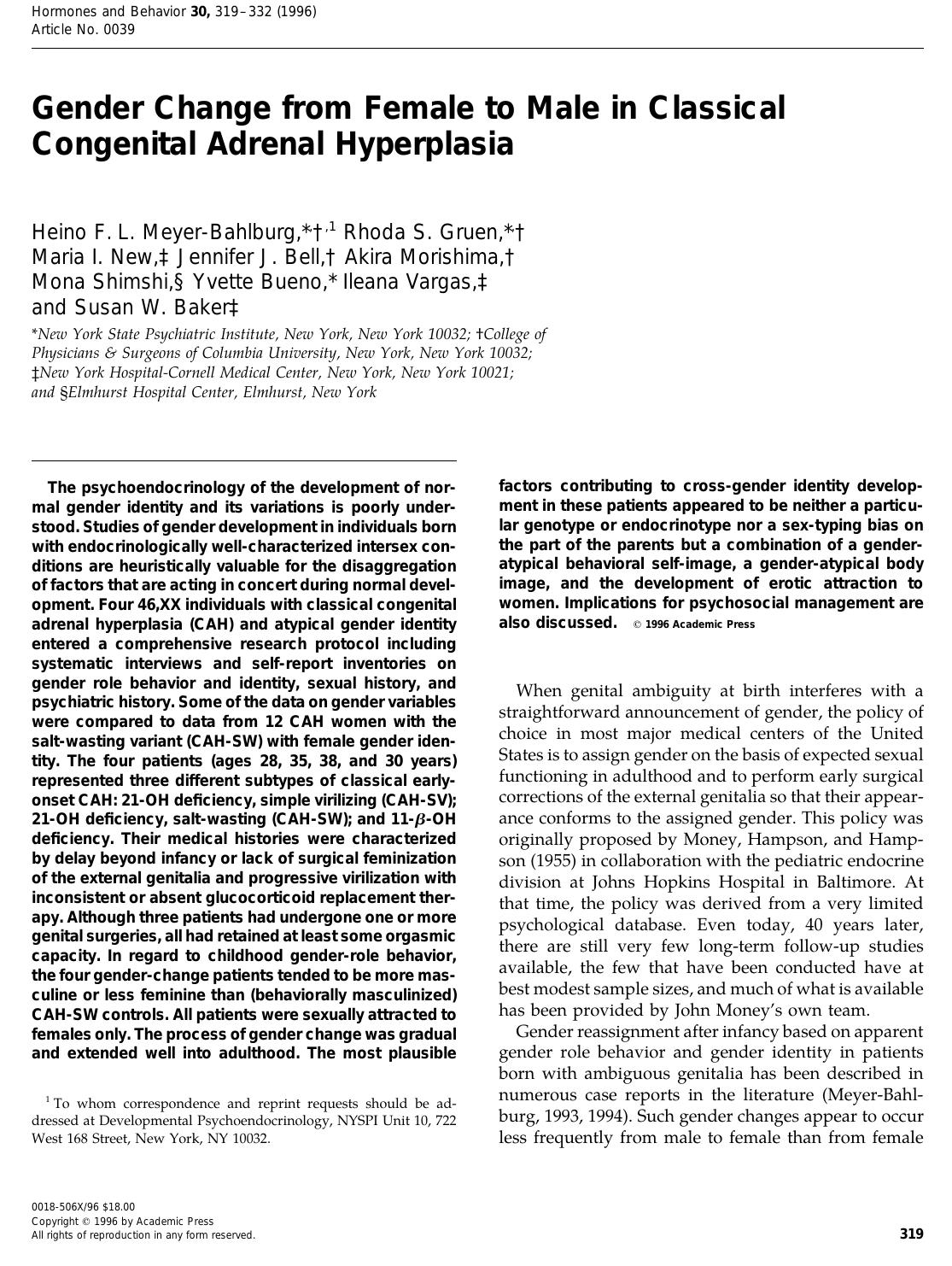 Gender Change from Female to Male in Classical Congenital Adrenal Hyperplasia by Meyer-Bahlburg H. F. L. et al