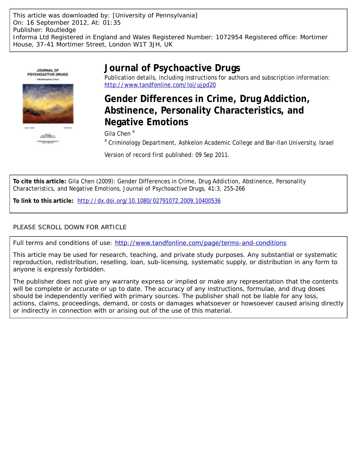 Gender Differences in Crime, Drug Addiction, Abstinence, Personality Characteristics, and Negative Emotions by Gila Chen a chengila6@gmail.com