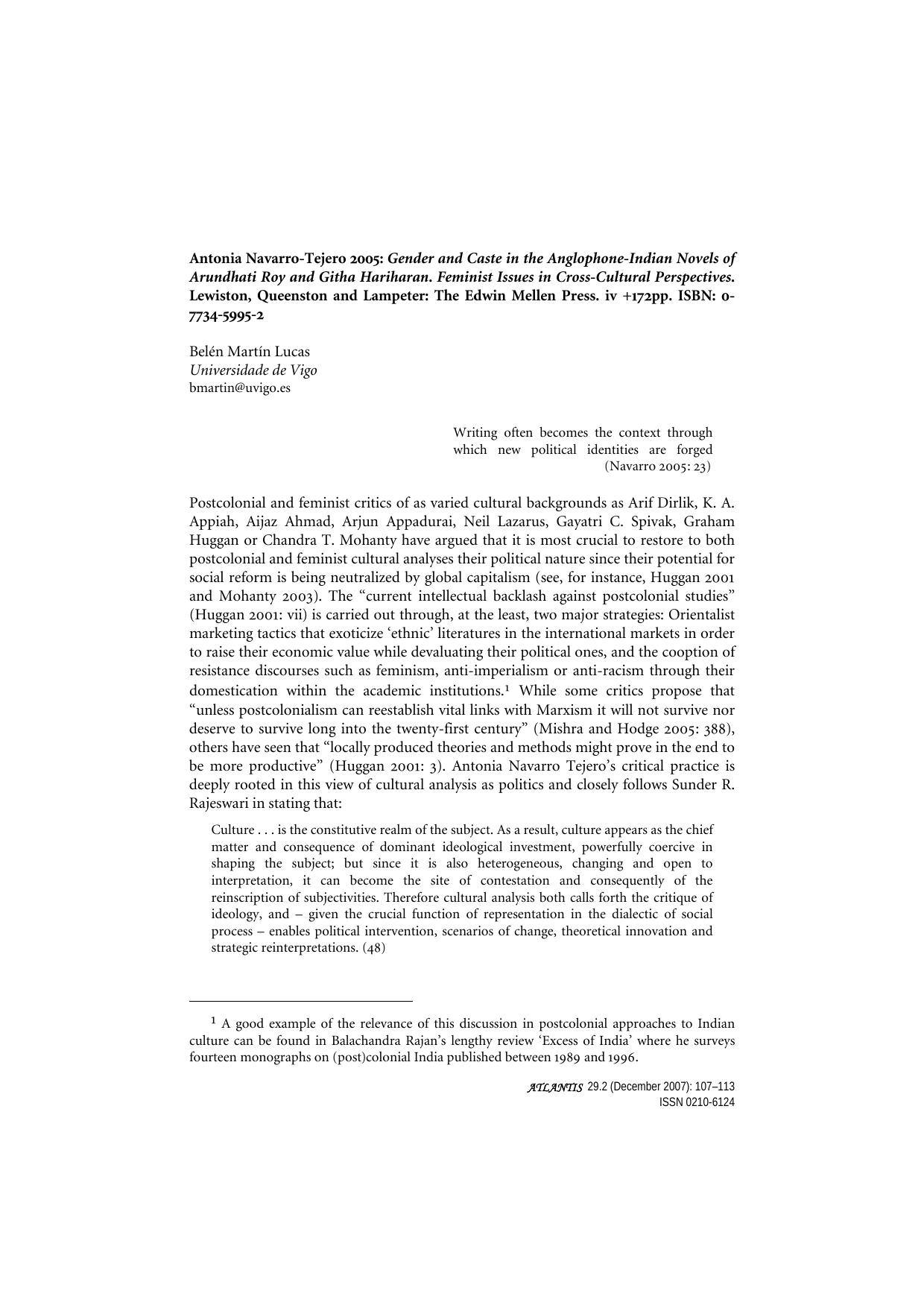 Gender and Caste in the Anglophone-Indian Novels of Arundhati Roy and Githa Hariharan. Feminist Issues in Cross-Cultural Perspectives. by Belén Martín Lucas