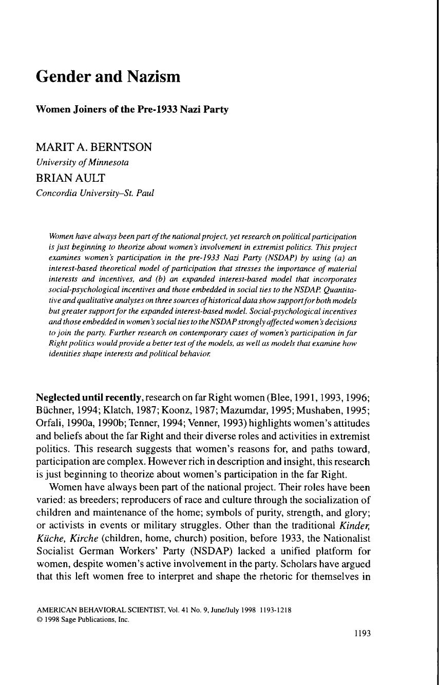 Gender and Nazism, Women Joiners of the Pre-1933 Nazi Party by Unknown