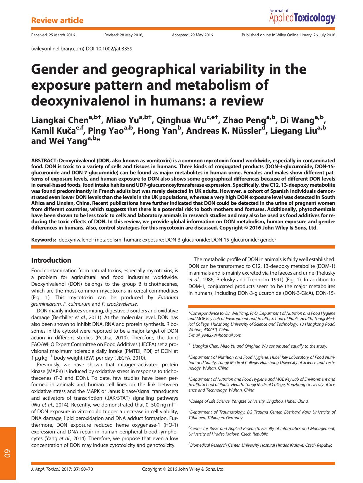 Gender and geographical variability in the exposure pattern and metabolism of deoxynivalenol in humans: a review by unknow