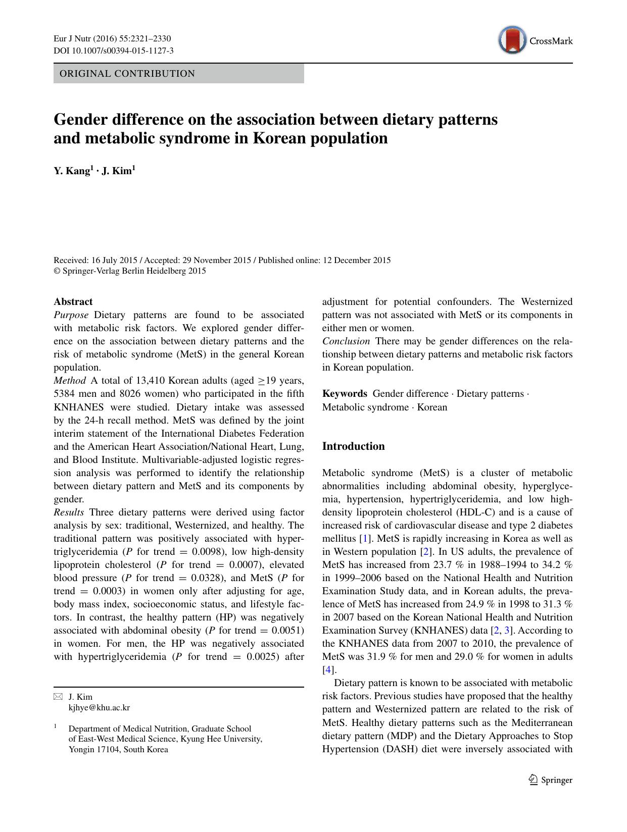 Gender difference on the association between dietary patterns and metabolic syndrome in Korean population by Y. Kang & J. Kim