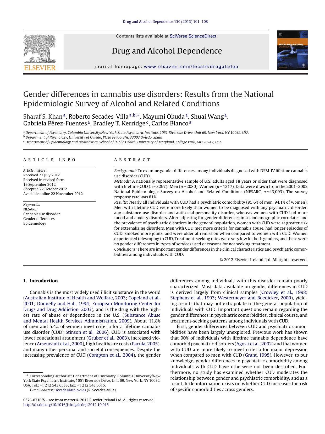 Gender differences in cannabis use disorders: Results from the National Epidemiologic Survey of Alcohol and Related Conditions by Sharaf S. Khan