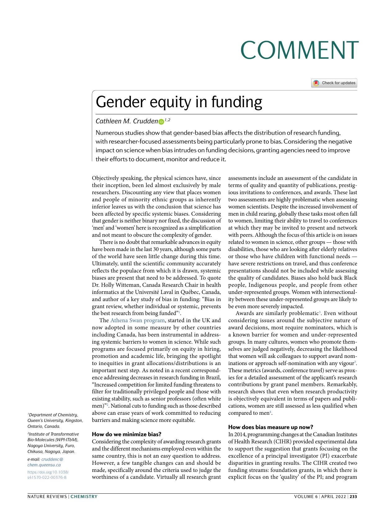Gender equity in funding by Cathleen M. Crudden