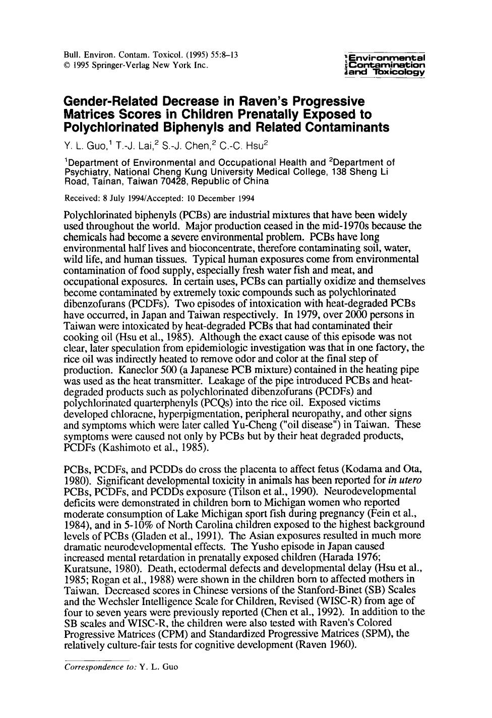 Gender-related decrease in Raven's progressive matrices scores in children prenatally exposed to polychlorinated biphenyls and related contaminants by Unknown