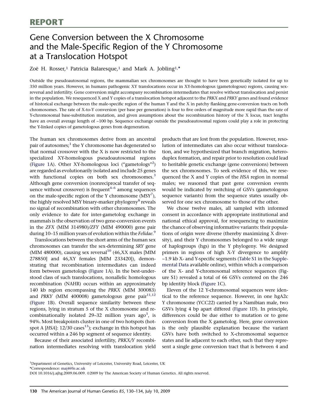 Gene Conversion between the X Chromosome and the Male-Specific Region of the Y Chromosome at a Translocation Hotspot by ZoE H. Rosser; Patricia Balaresque; Mark A. Jobling