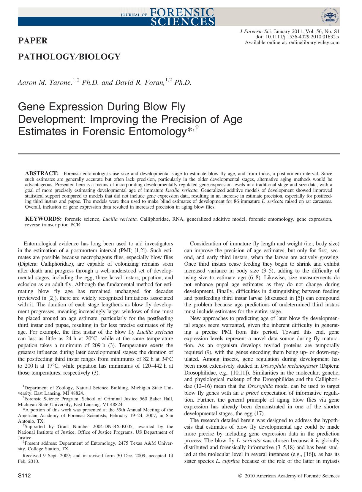 Gene Expression During Blow Fly Development: Improving the Precision of Age Estimates in Forensic Entomology, by Unknown