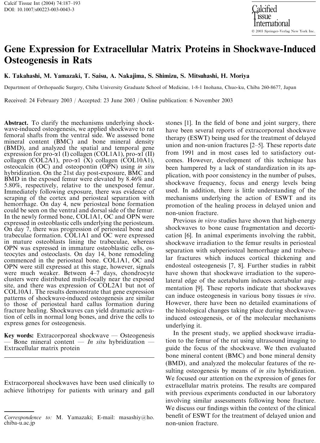 Gene Expression for Extracellular Matrix Proteins in Shockwave-Induced Osteogenesis in Rats by Takahashi K. et al