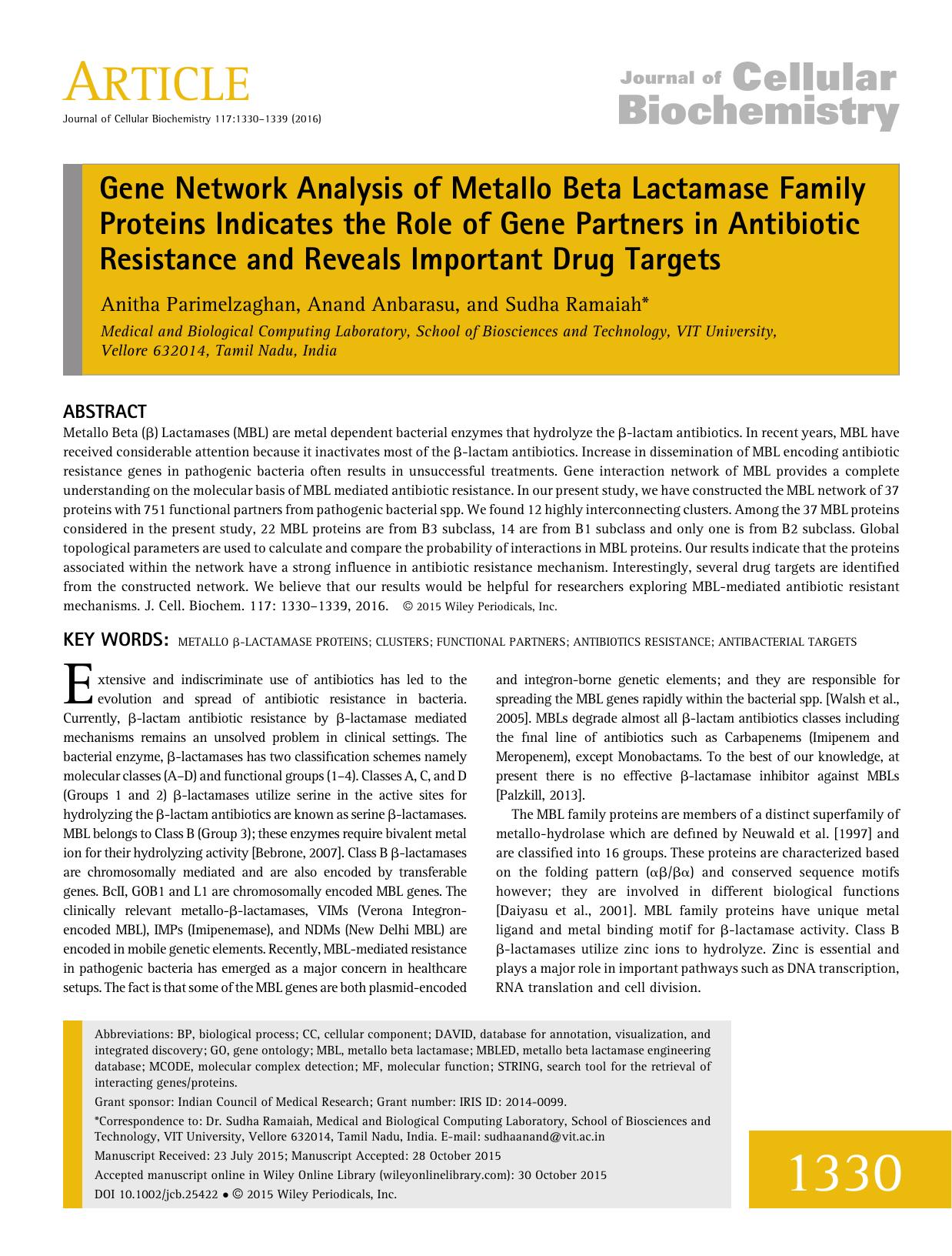 Gene Network Analysis of Metallo Beta Lactamase Family Proteins Indicates the Role of Gene Partners in Antibiotic Resistance and Reveals Important Drug Targets by Unknown