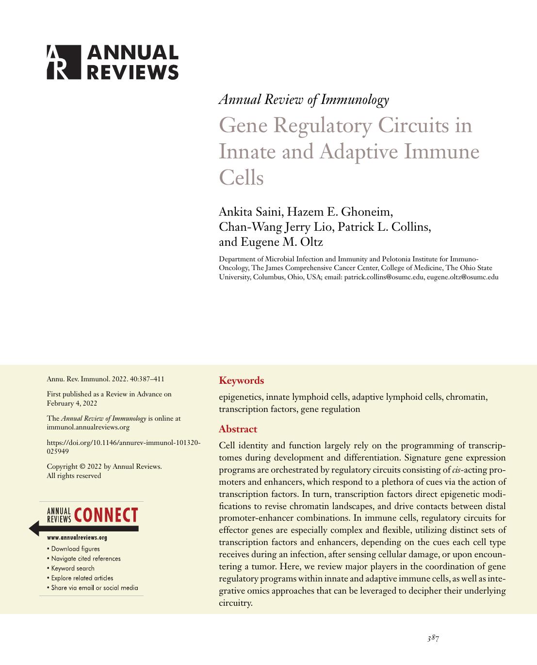 Gene Regulatory Circuits in Innate and Adaptive Immune Cells by Ankita Saini Hazem E. Ghoneim Chan-Wang Jerry Lio Patrick L. Collins Eugene M. Oltz