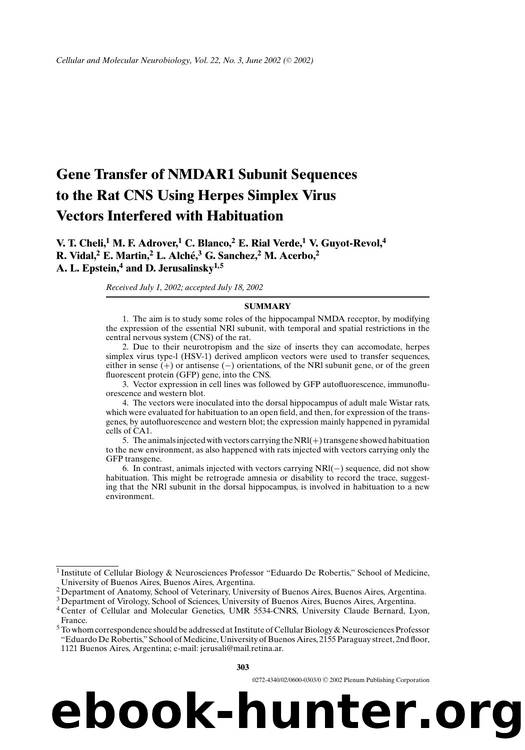 Gene Transfer of NMDAR1 Subunit Sequences to the Rat CNS Using Herpes Simplex Virus Vectors Interfered with Habituation by Unknown