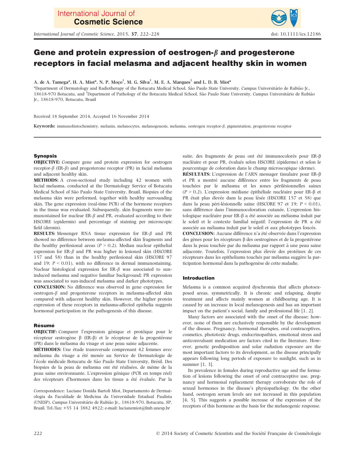 Gene and protein expression of oestrogen&#x2010;&#x03B2; and progesterone receptors in facial melasma and adjacent healthy skin in women by Unknown