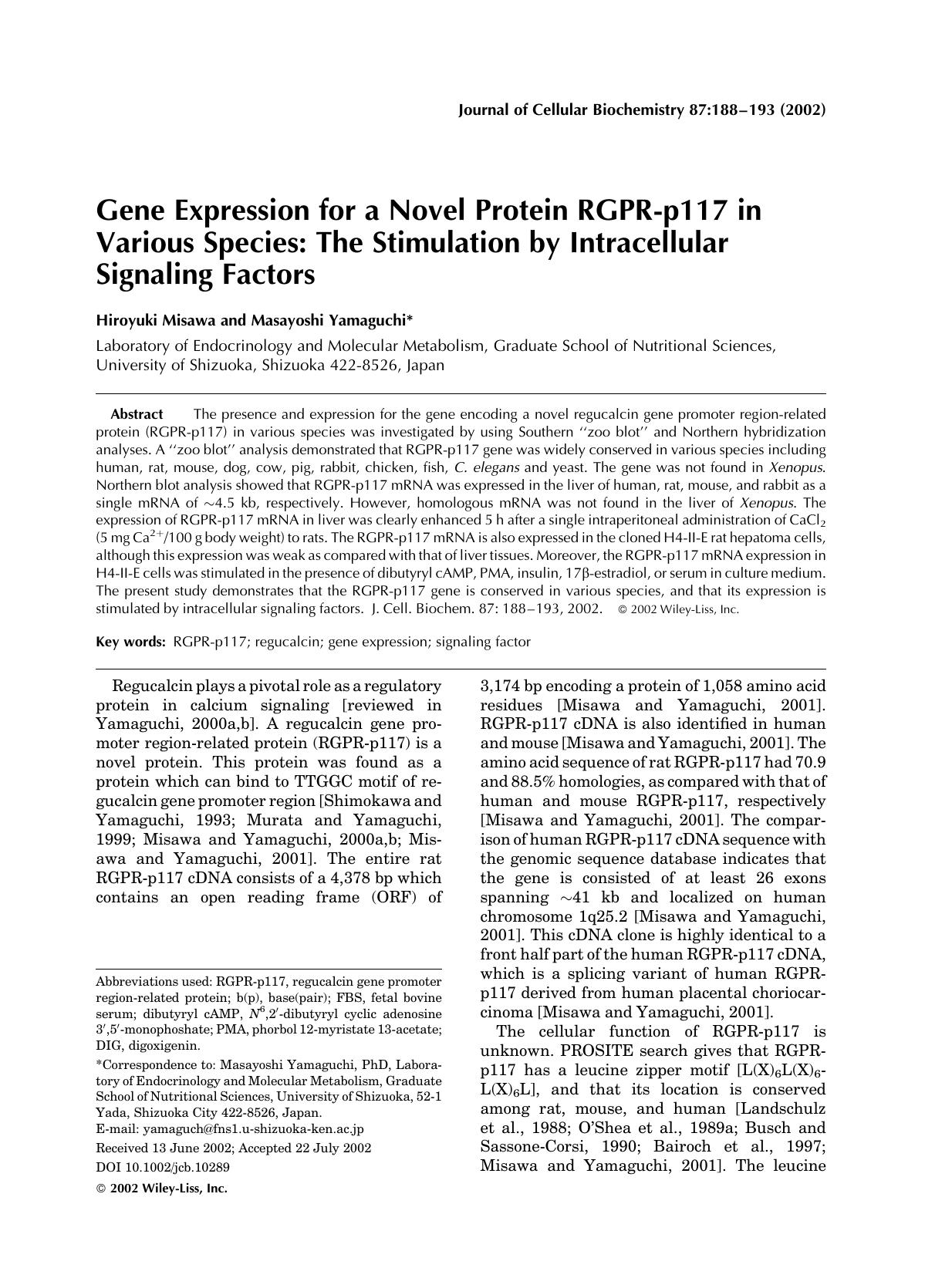 Gene expression for a novel protein RGPR-p117 in various species: The stimulation by intracellular signaling factors by Unknown