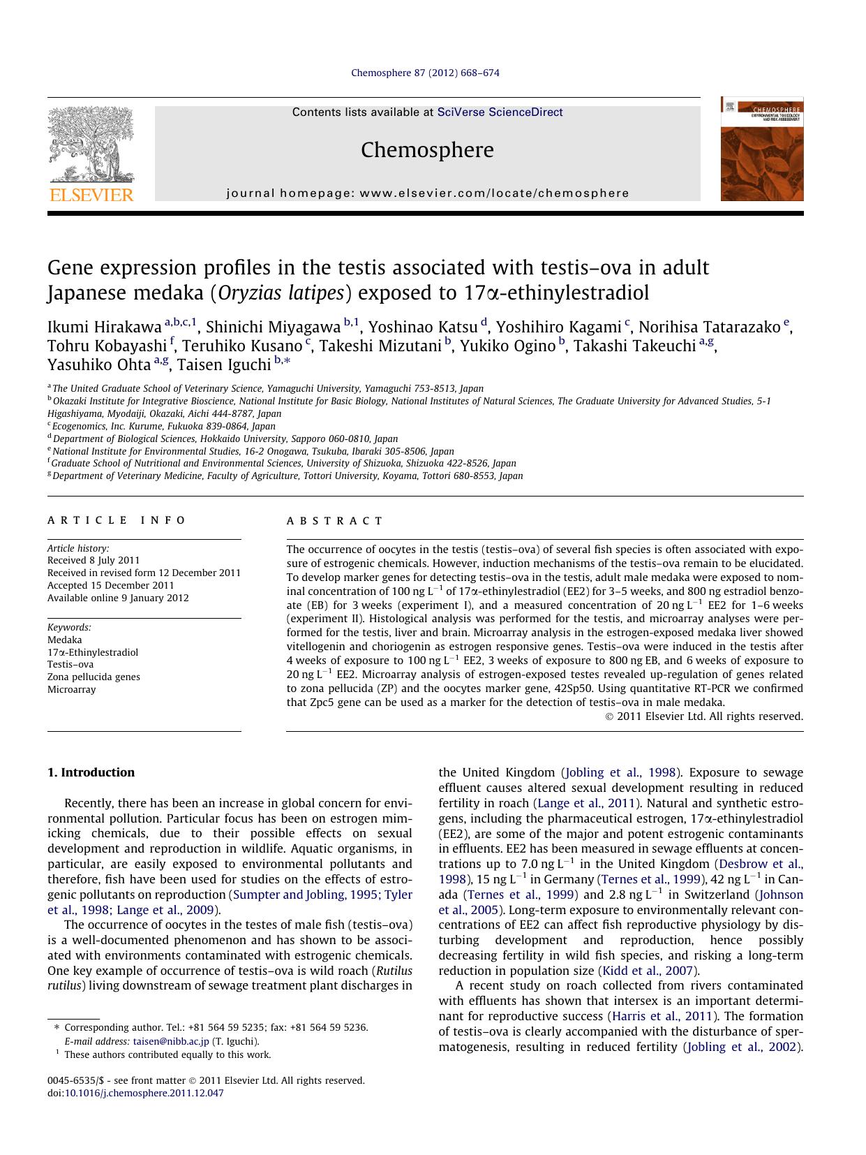 Gene expression profiles in the testis associated with testisÃ¢â¬âova in adult Japanese medaka (Oryzias latipes) exposed to 17ÃÂ±-ethinylestradiol by unknow