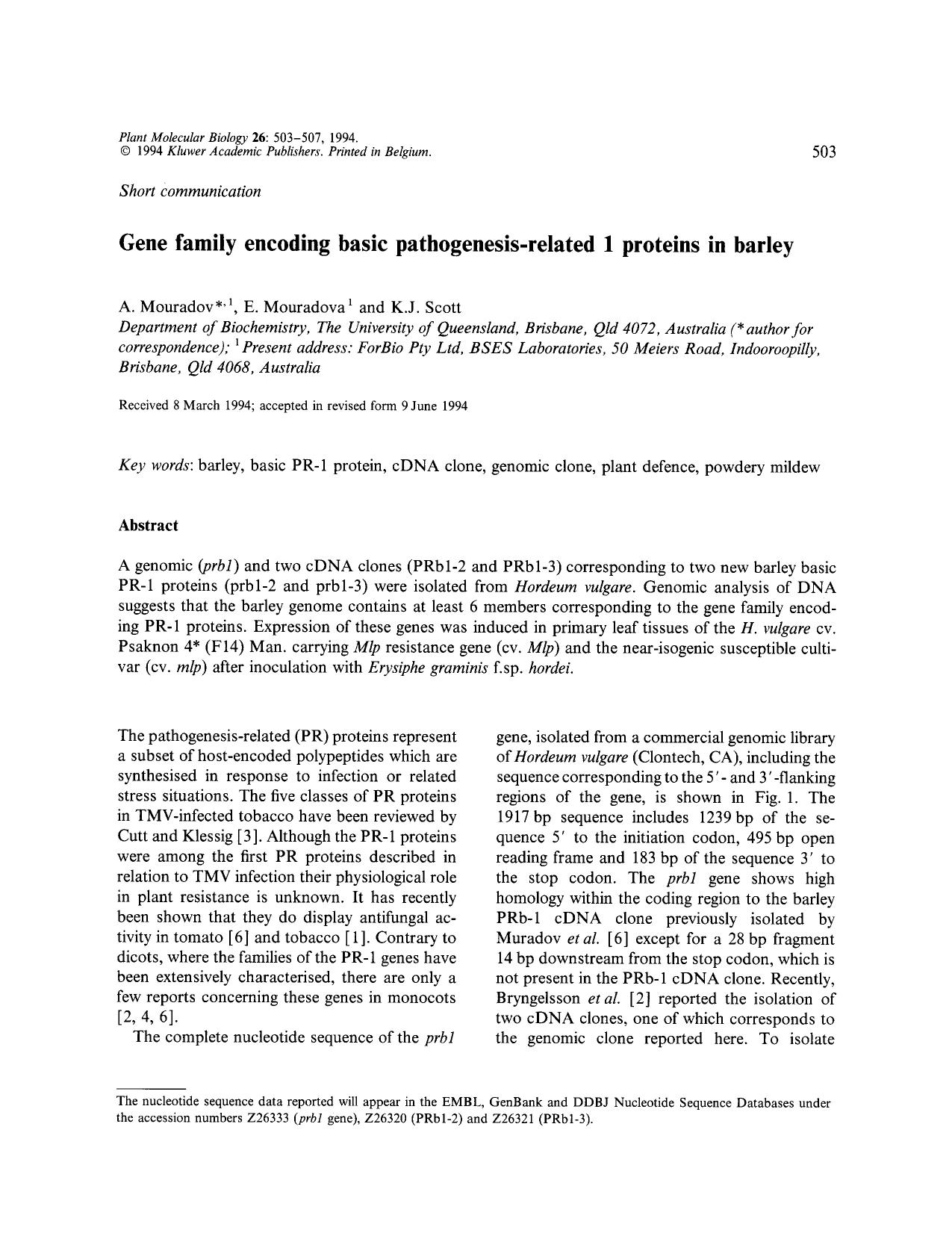 Gene family encoding basic pathogenesis-related 1 proteins in barley by Unknown