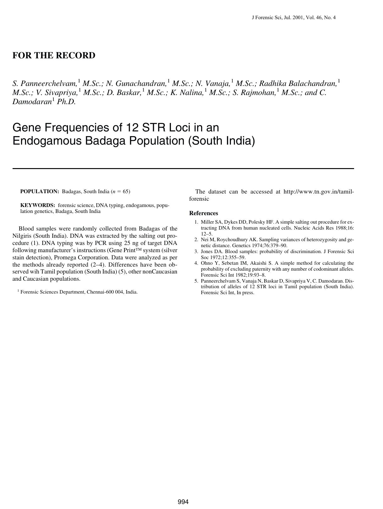 Gene frequencies of 12 STR loci in an endogamous Badaga pupulation (South India) by unknow
