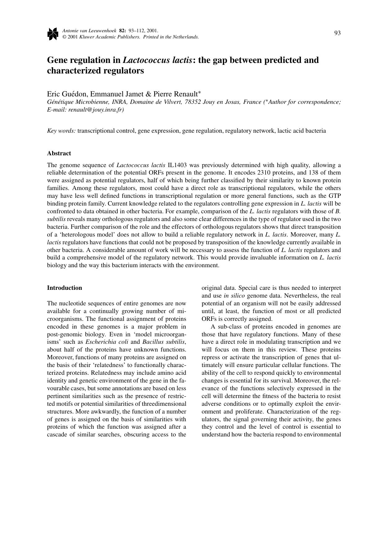 Gene regulation in <Emphasis Type="Italic">Lactococcus lactis<Emphasis>: the gap between predicted and characterized regulators by Unknown