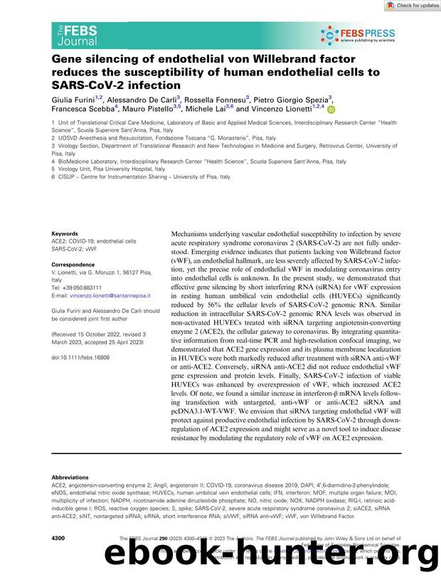 Gene silencing of endothelial von Willebrand factor reduces the susceptibility of human endothelial cells to SARSâCoVâ2 infection by Unknown