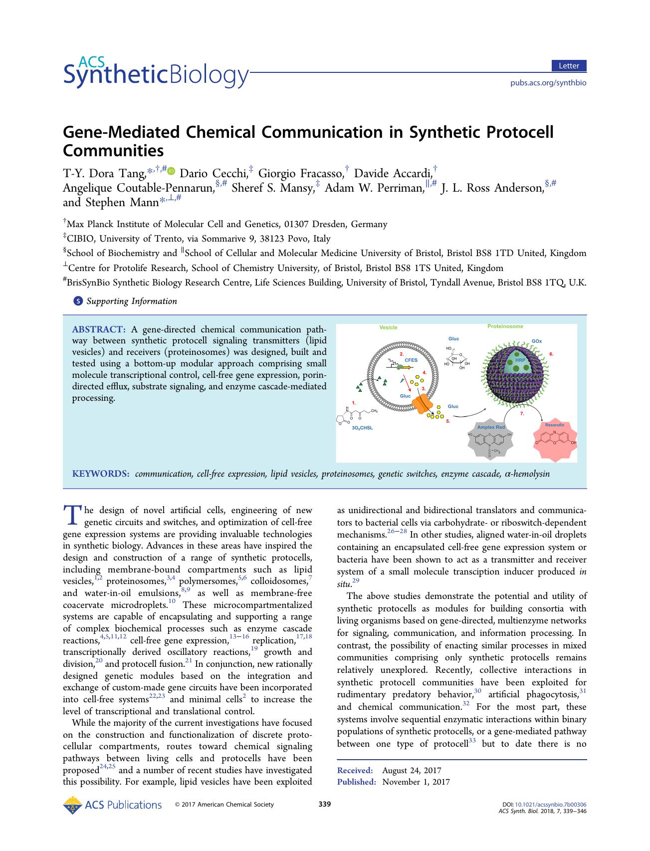 Gene-Mediated Chemical Communication in Synthetic Protocell Communities by unknow