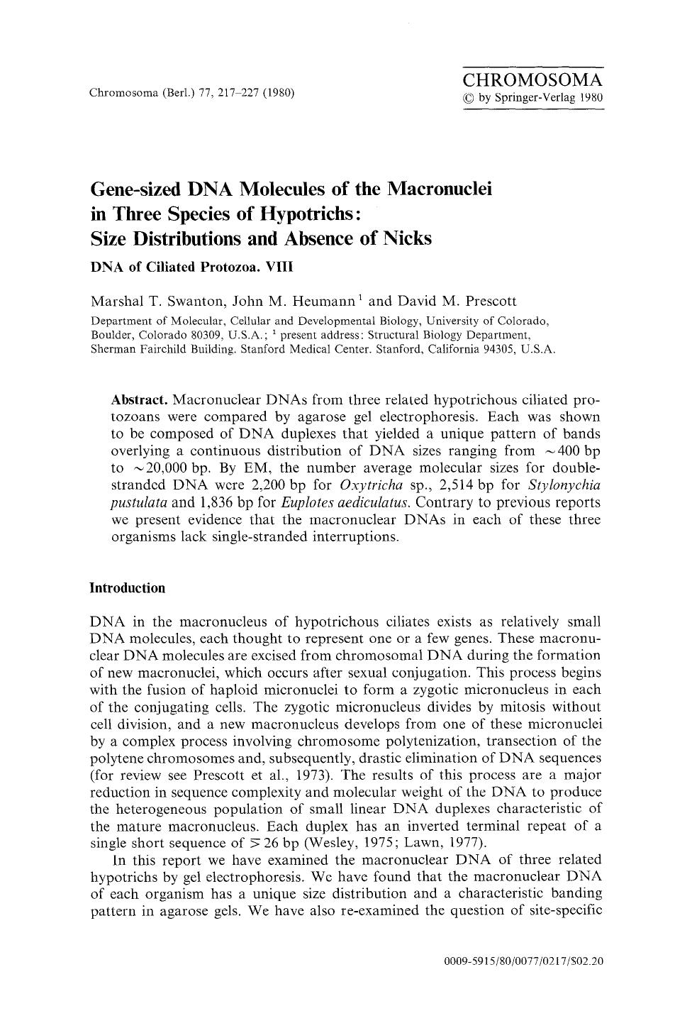 Gene-sized DNA molecules of the macronuclei in three species of hypotrichs: Size distributions and absence of nicks by Unknown