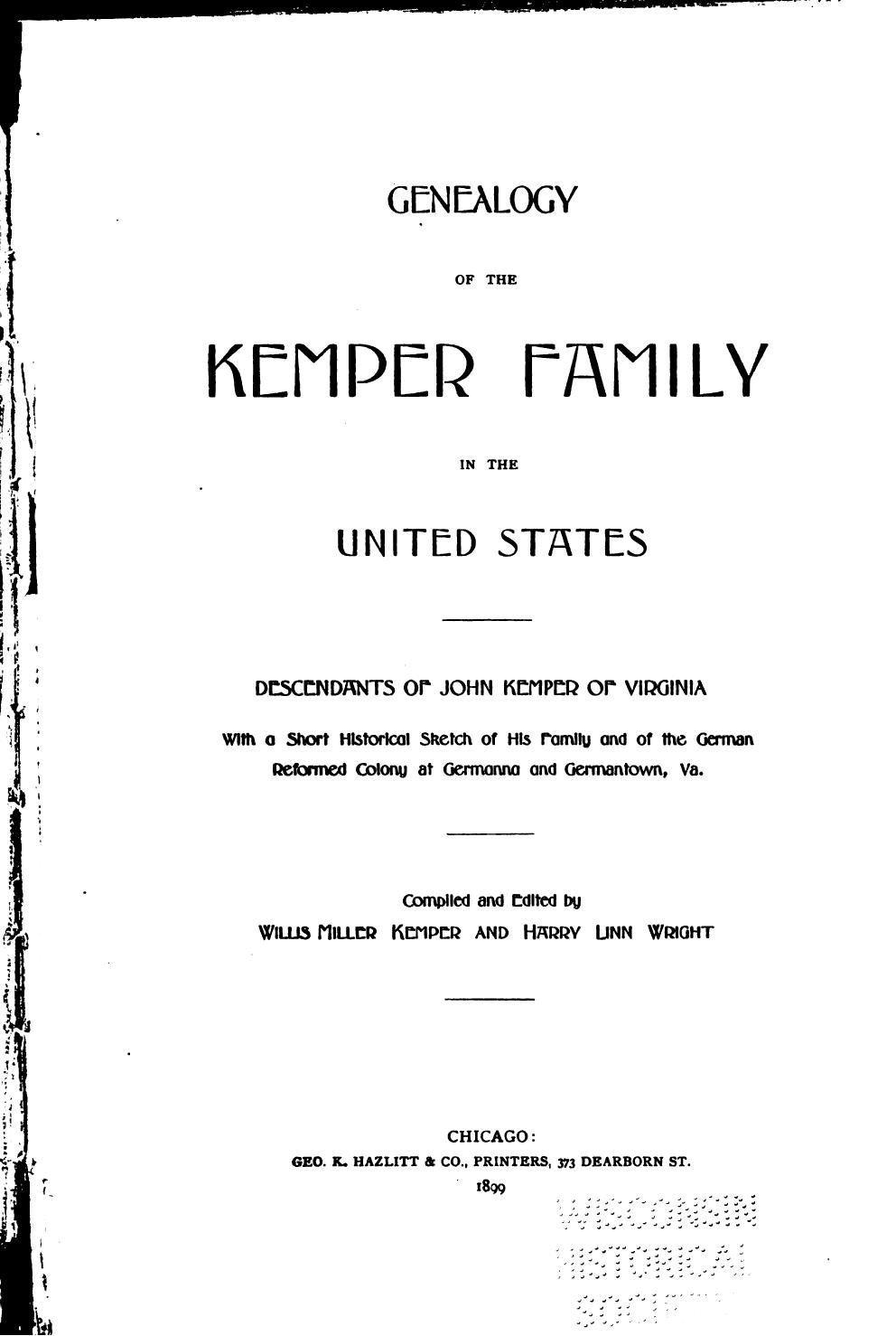 Genealogy of the Kemper Family in the United States by Willis Miller Kemper; Harry Linn Wright