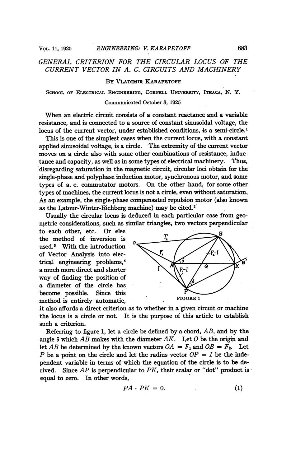 General Criterion for the Circular Locus of the Current Vector in A. C. Circuits and Machinery by Karapetoff V