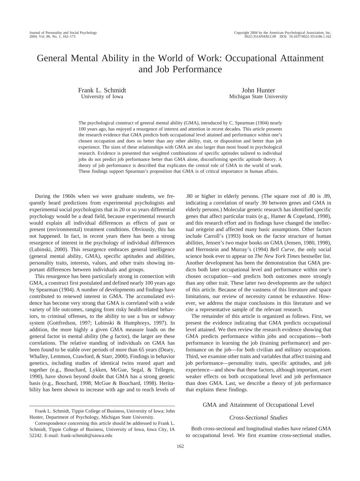 General Mental Ability in the World of Work by Occupational Attainment & Job Performance (2004) by Frank L. Schmidt & John Hunter