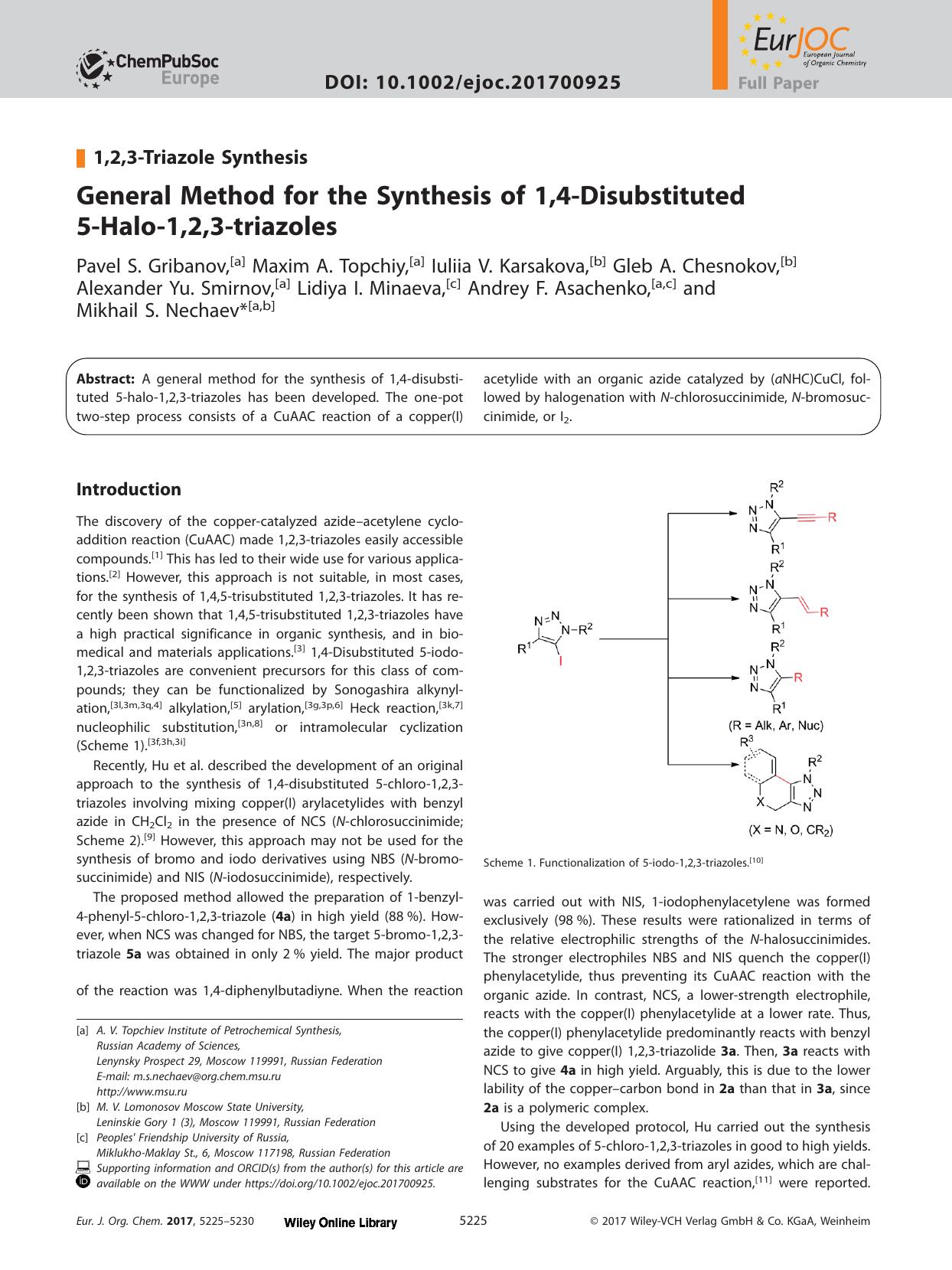 General Method for the Synthesis of 1,4&#x02010;Disubstituted 5&#x02010;Halo&#x02010;1,2,3&#x02010;triazoles by Unknown