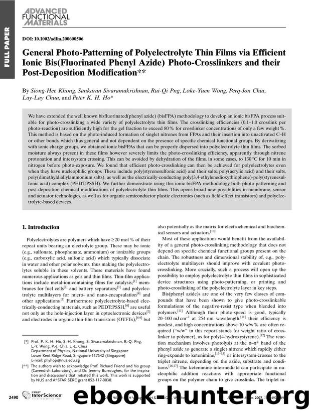 General Photo-Patterning of Polyelectrolyte Thin Films via Efficient Ionic Bis(Fluorinated Phenyl Azide) Photo-Crosslinkers and their Post-Deposition Modification by Unknown