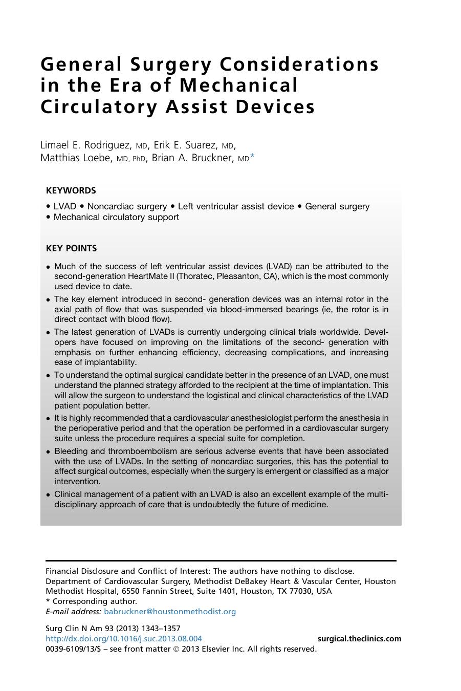 General Surgery Considerations in the Era of Mechanical Circulatory Assist Devices by Limael E. Rodriguez MD & Erik E. Suarez MD & Matthias Loebe MD PhD & Brian A. Bruckner MD