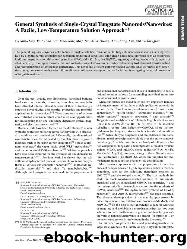 General Synthesis of Single-Crystal Tungstate NanorodsNanowires: A Facile, Low-Temperature Solution Approach by Unknown