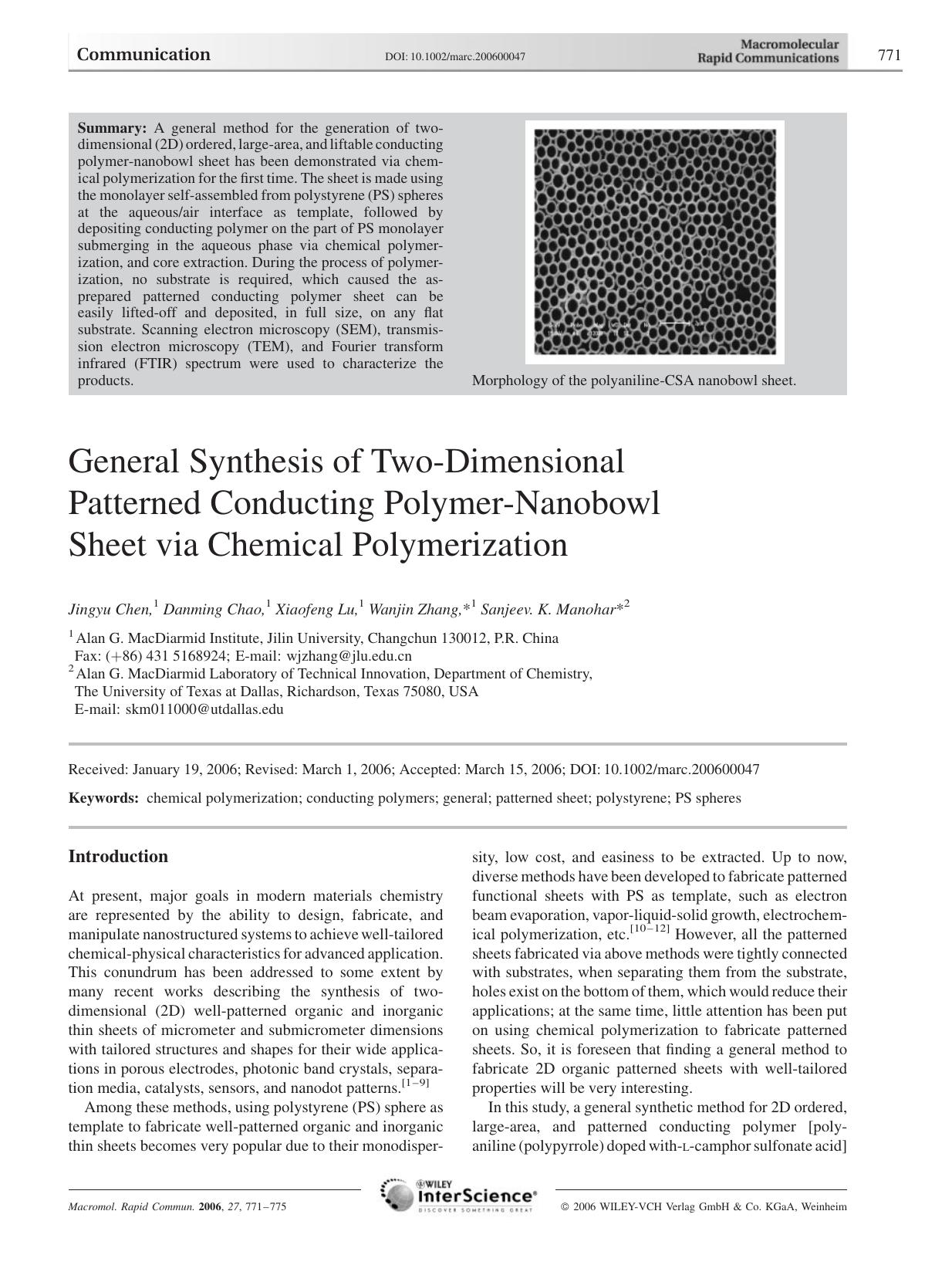 General Synthesis of Two-Dimensional Patterned Conducting Polymer-Nanobowl Sheet via Chemical Polymerization by Unknown