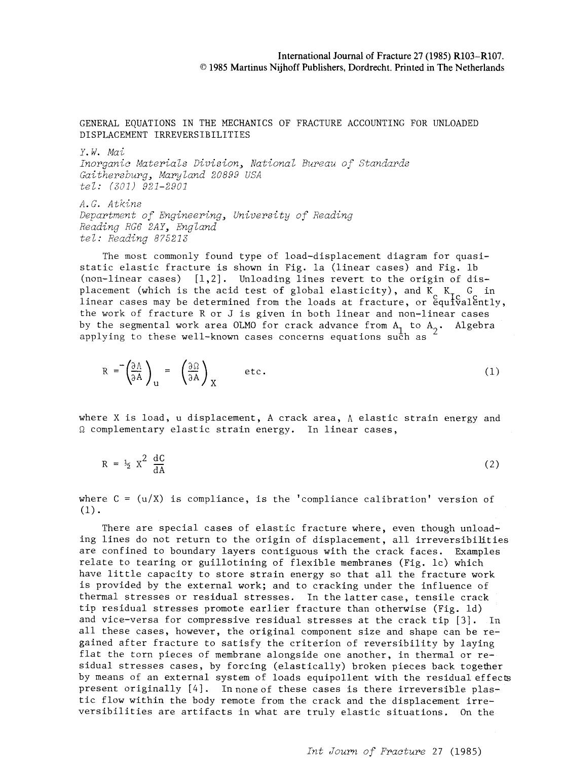 General equations in the mechanics of fracture accounting for unloaded displacement irreversibilities by Unknown