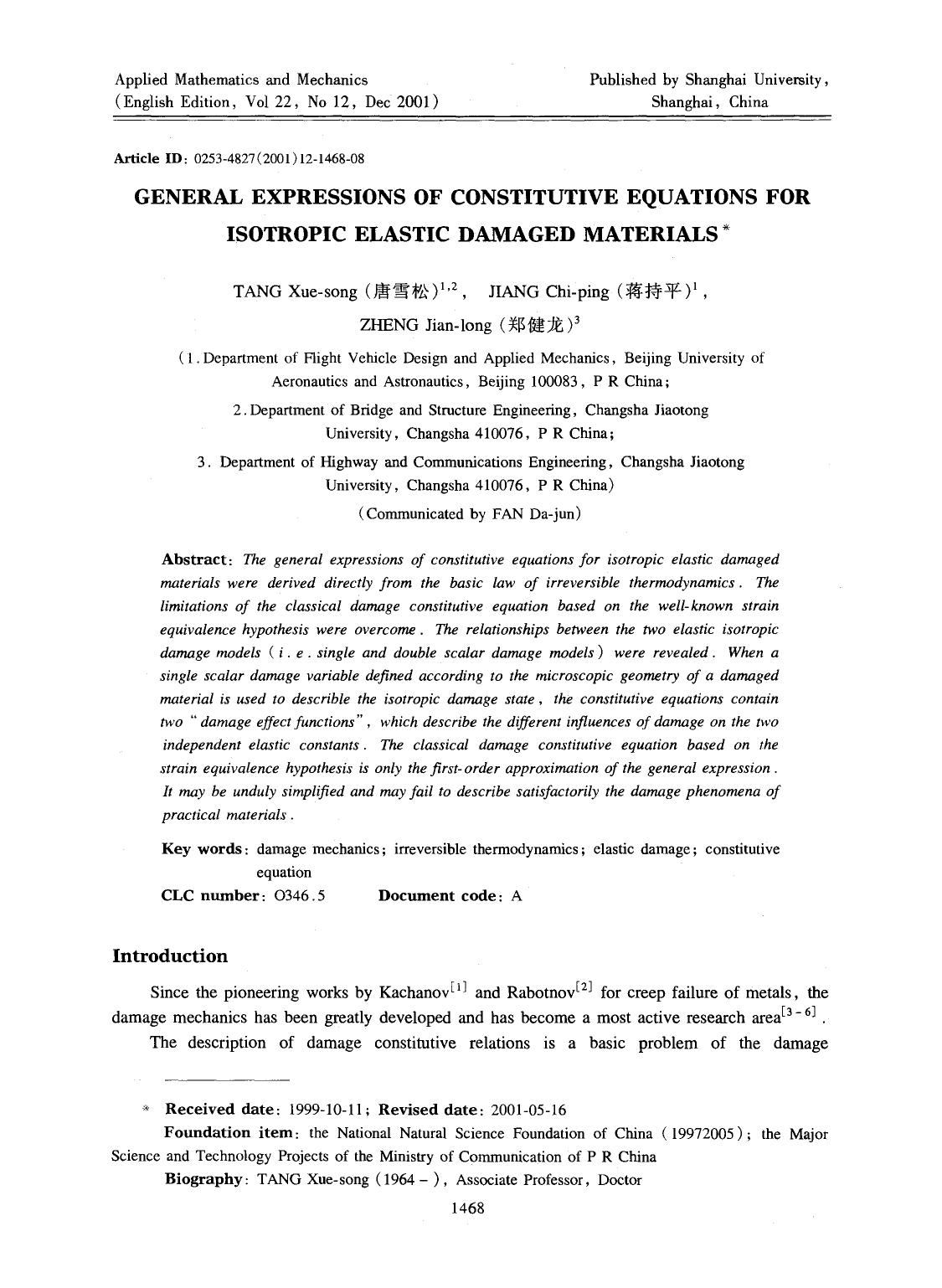 General expressions of constitutive equations for isotropic elastic damaged materials by Unknown