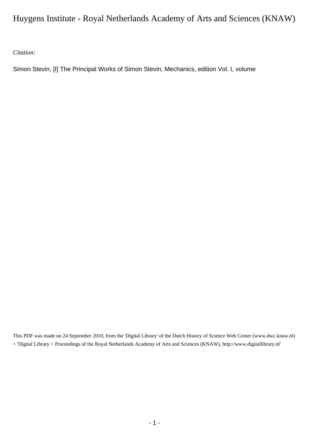 General introduction, Mechanics by Stevin Simon; Dijksterhuis E. J.; Dikshoorn C. (eds.)