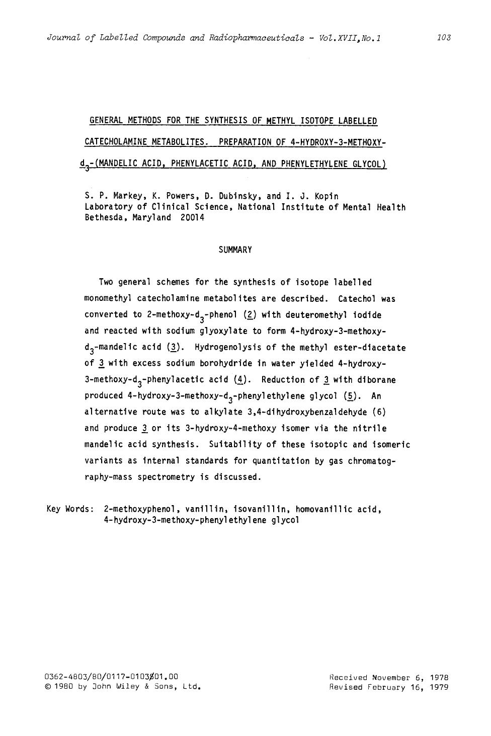 General methods for the synthesis of methyl isotope labelled catecholamine metabolites. Preparation of 4-hydroxy-3-methoxy-d3- (mandelic acid, phenylacetic acid, and phenylethylene glycol) by Unknown