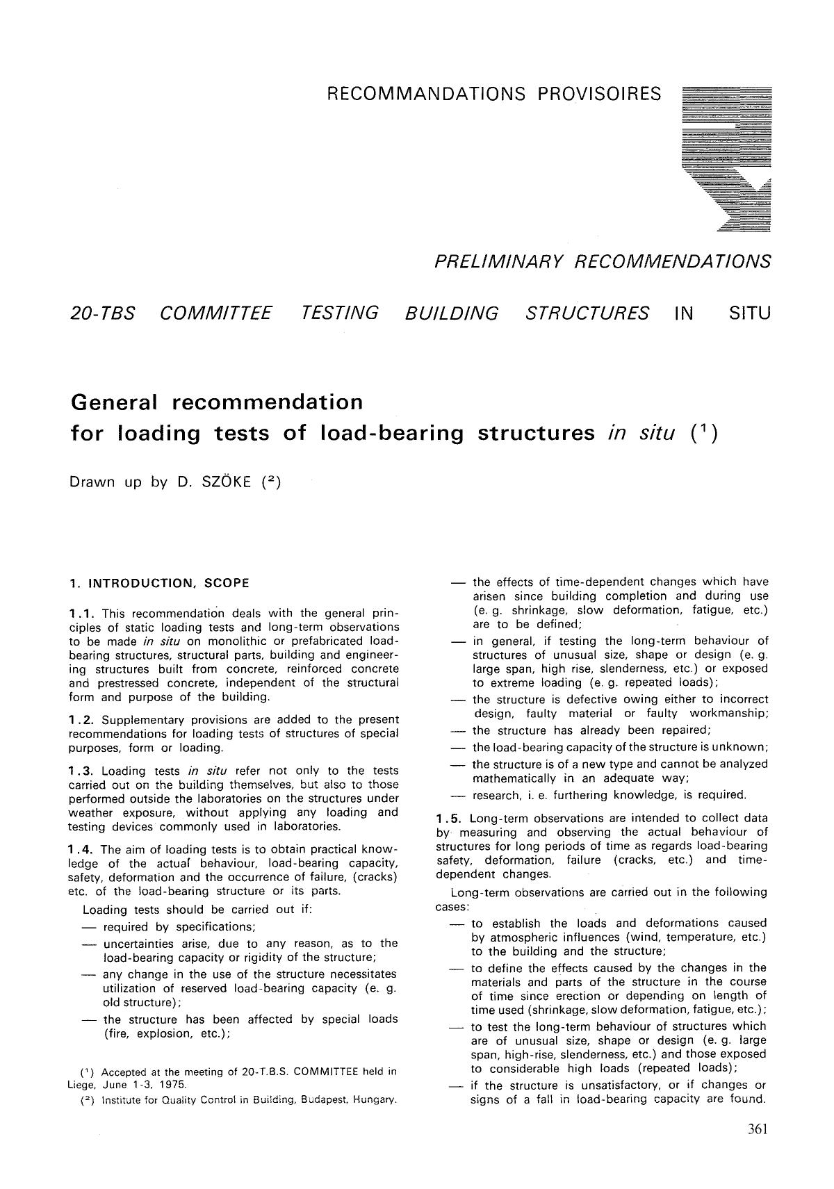 General recommendation for loading tests of load-bearing structures <Emphasis Type="Italic">in situ <Emphasis> by Unknown