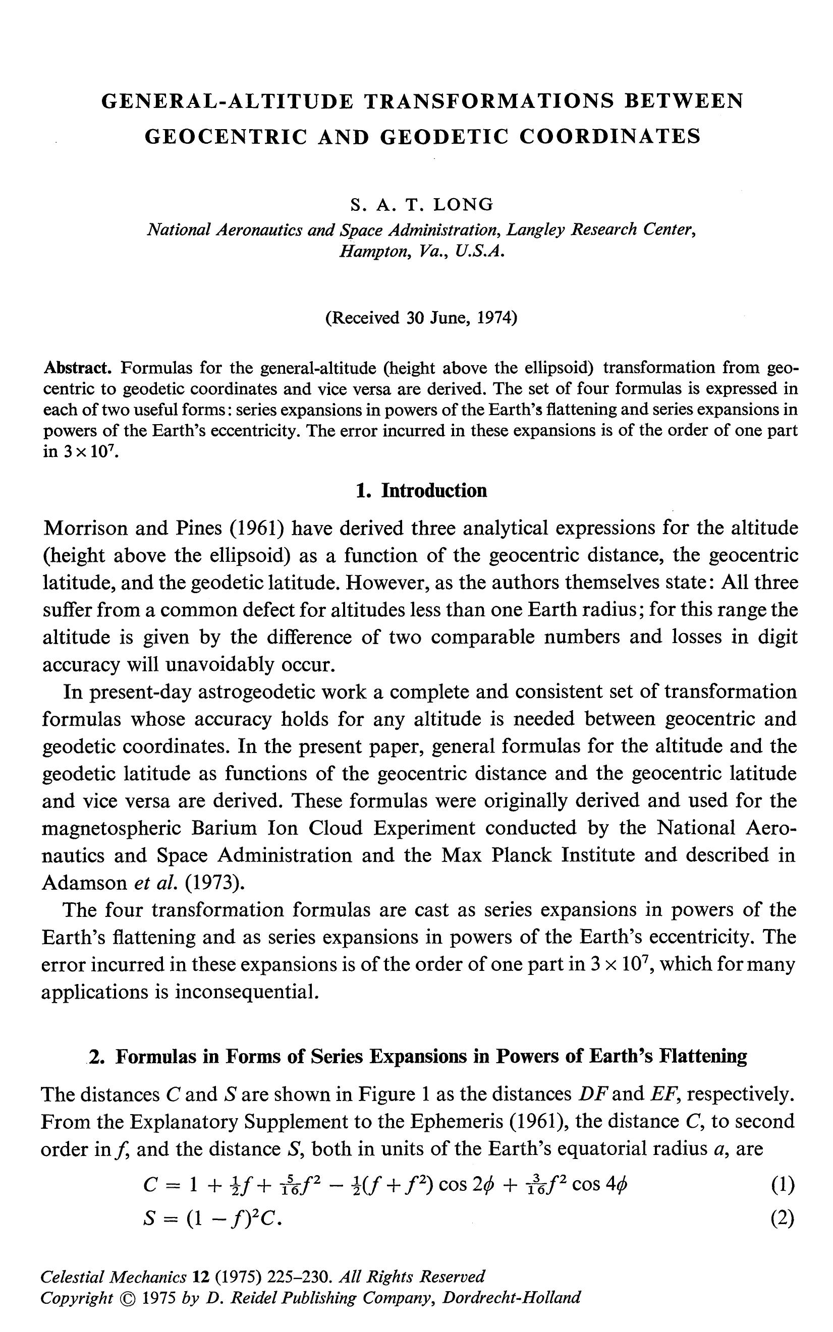 General-altitude transformations between geocentric and geodetic coordinates by Unknown