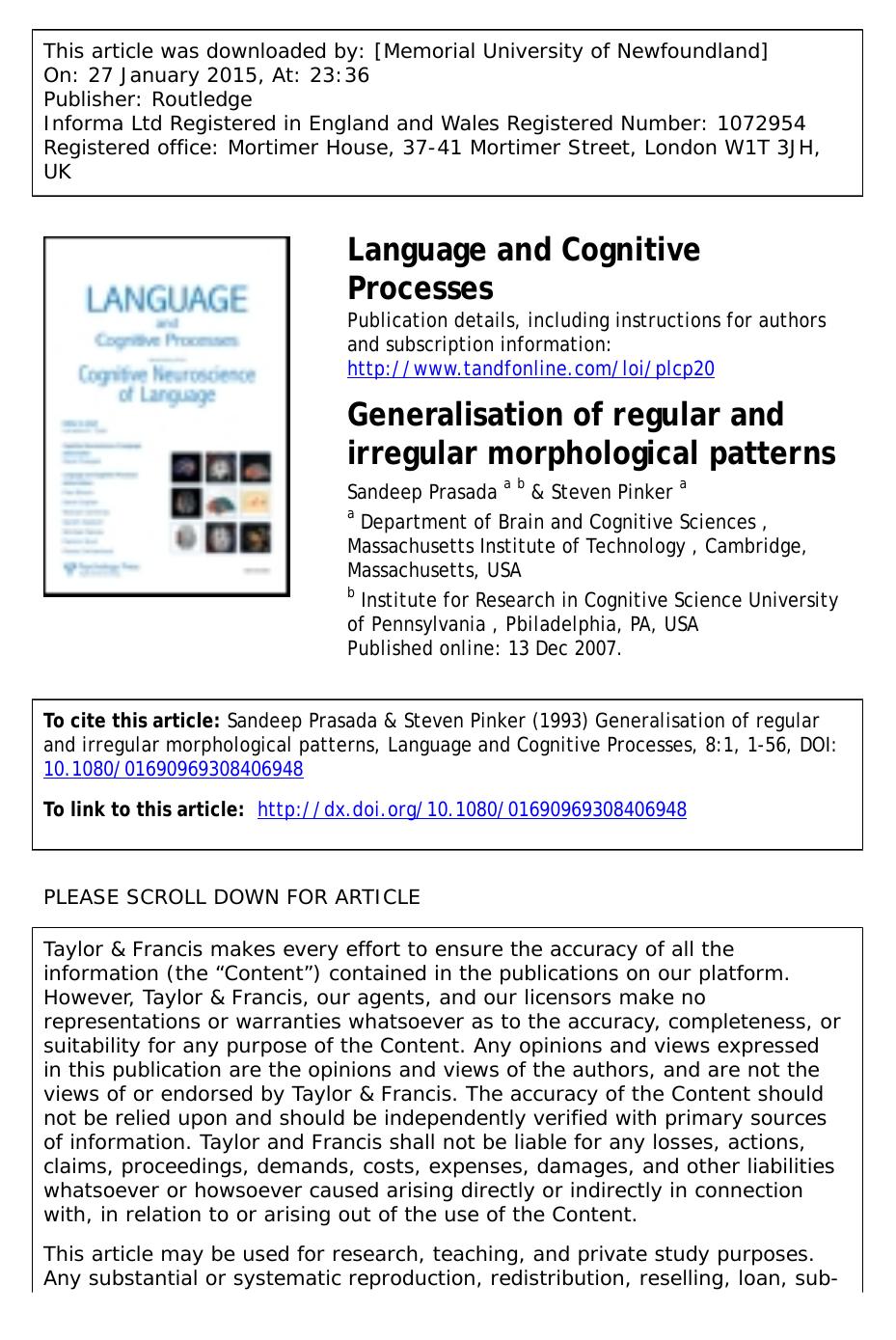 Generalisation of regular and irregular morphological patterns (1993) by Unknown