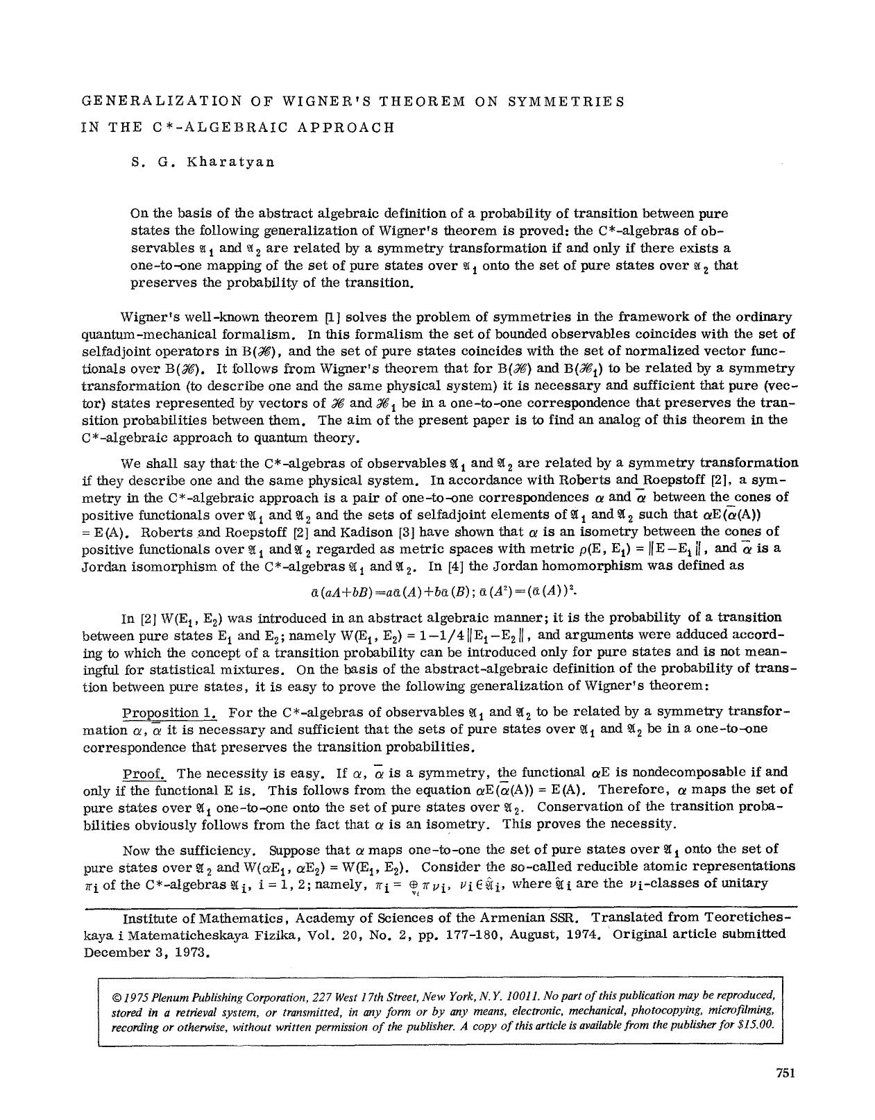 Generalization of Wigner's theorem on symmetries in the C <Superscript>&#x002A; <Superscript>-algebraic approach by Unknown