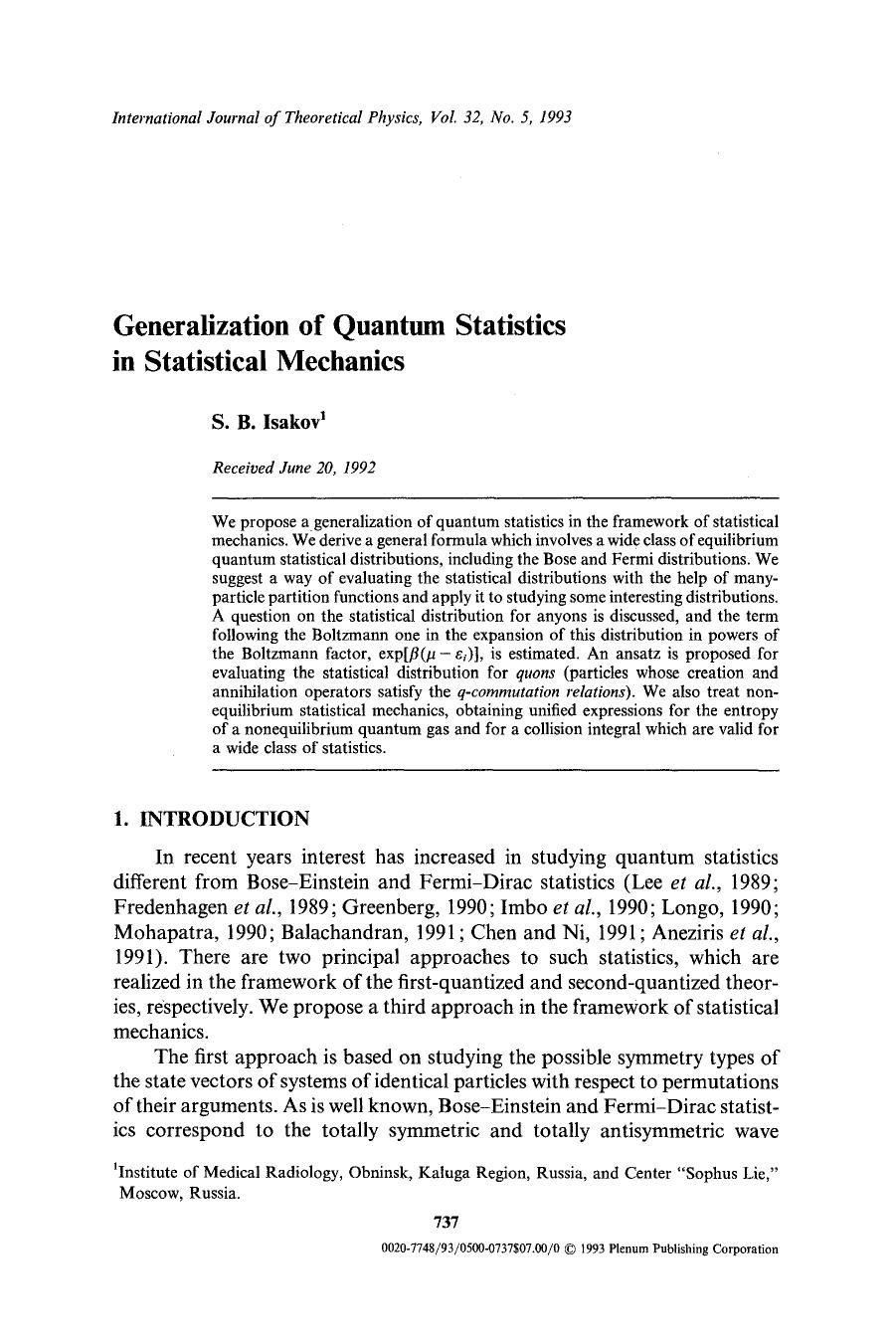 Generalization of quantum statistics in statistical mechanics by Unknown