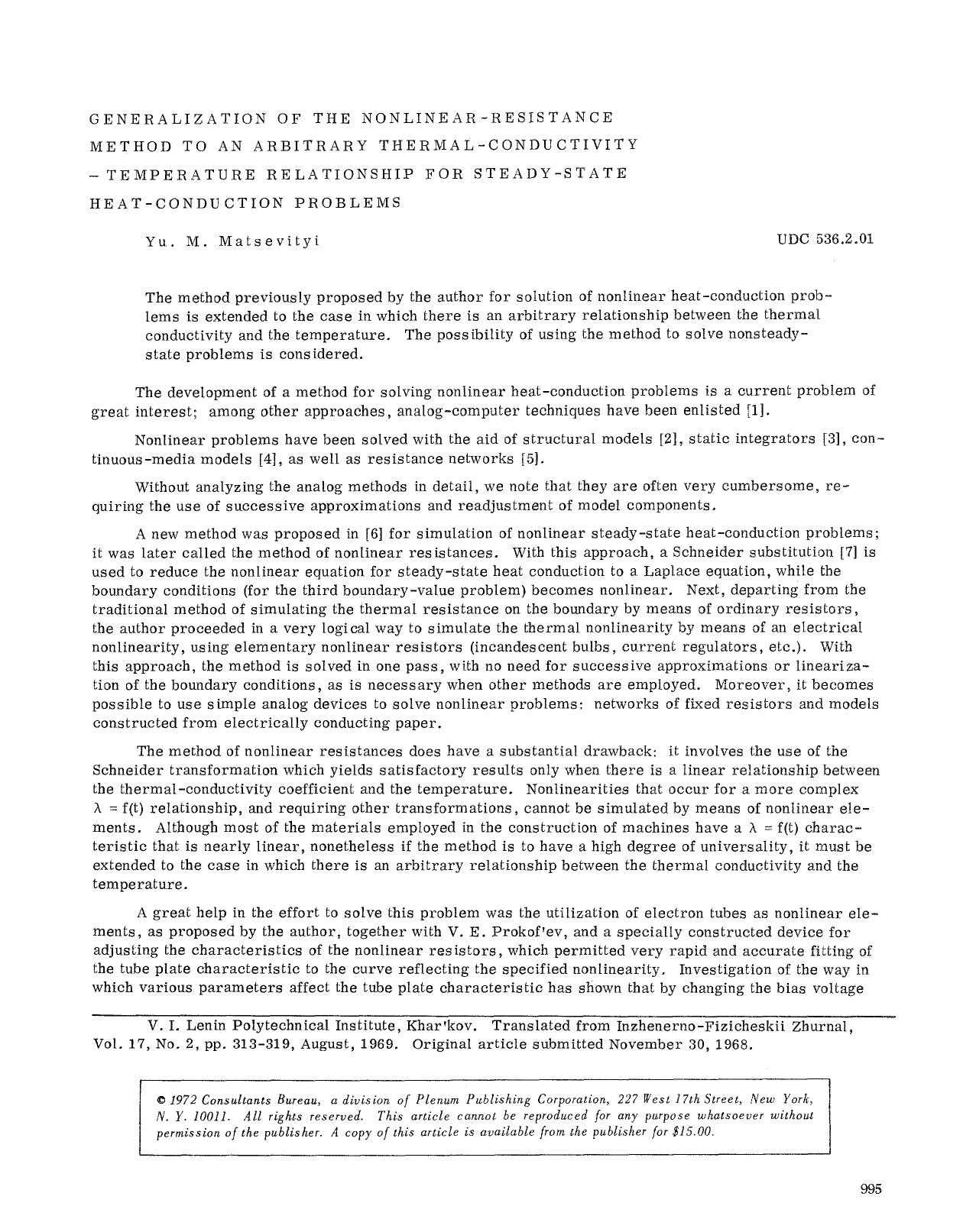 Generalization of the nonlinear-resistance method to an arbitrary thermal-conductivity-temperature relationship for steady-state heat-conduction problems by Unknown