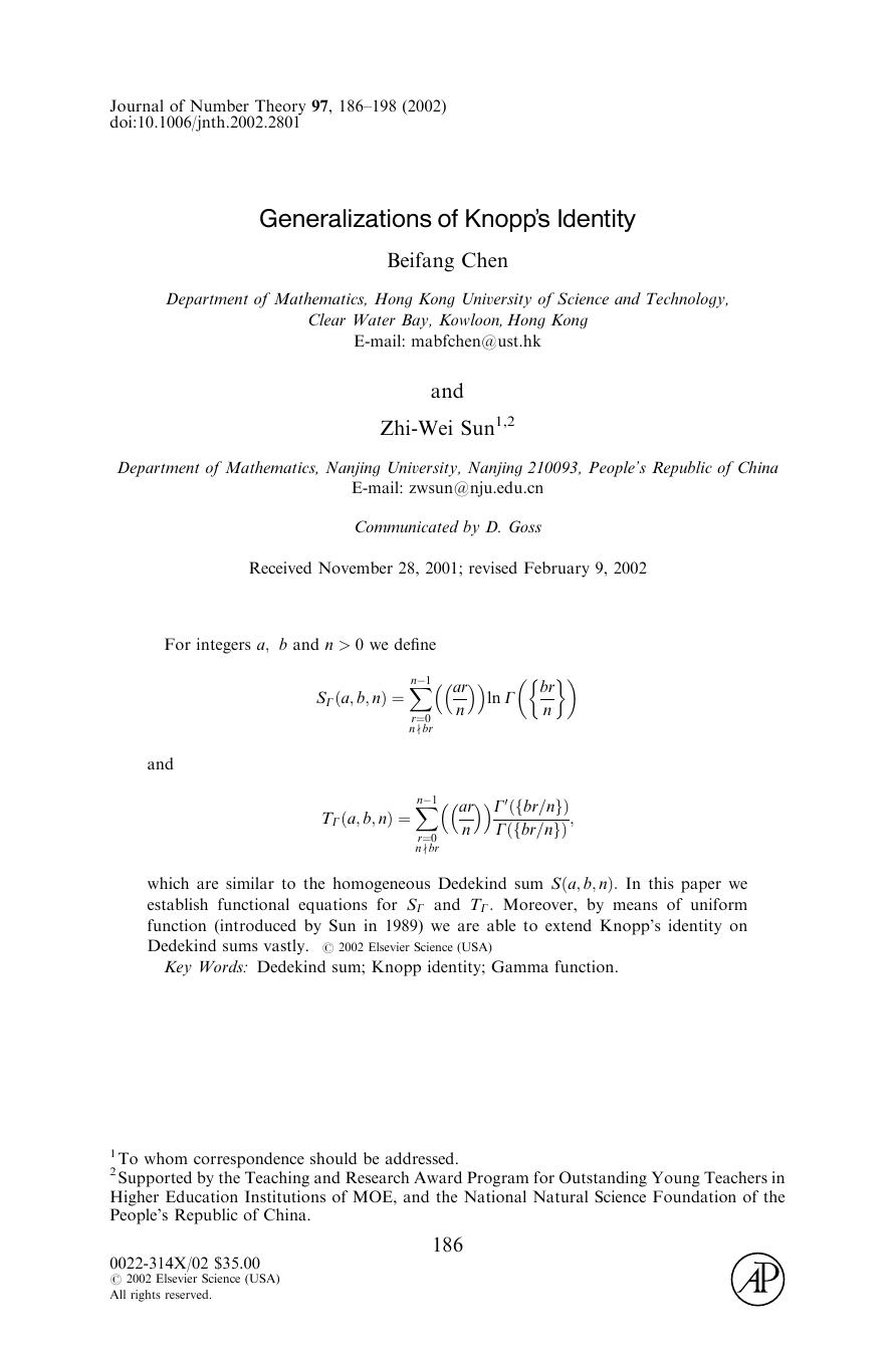 Generalizations of Knopp’s Identity by Chen B. & Sun Z.-W