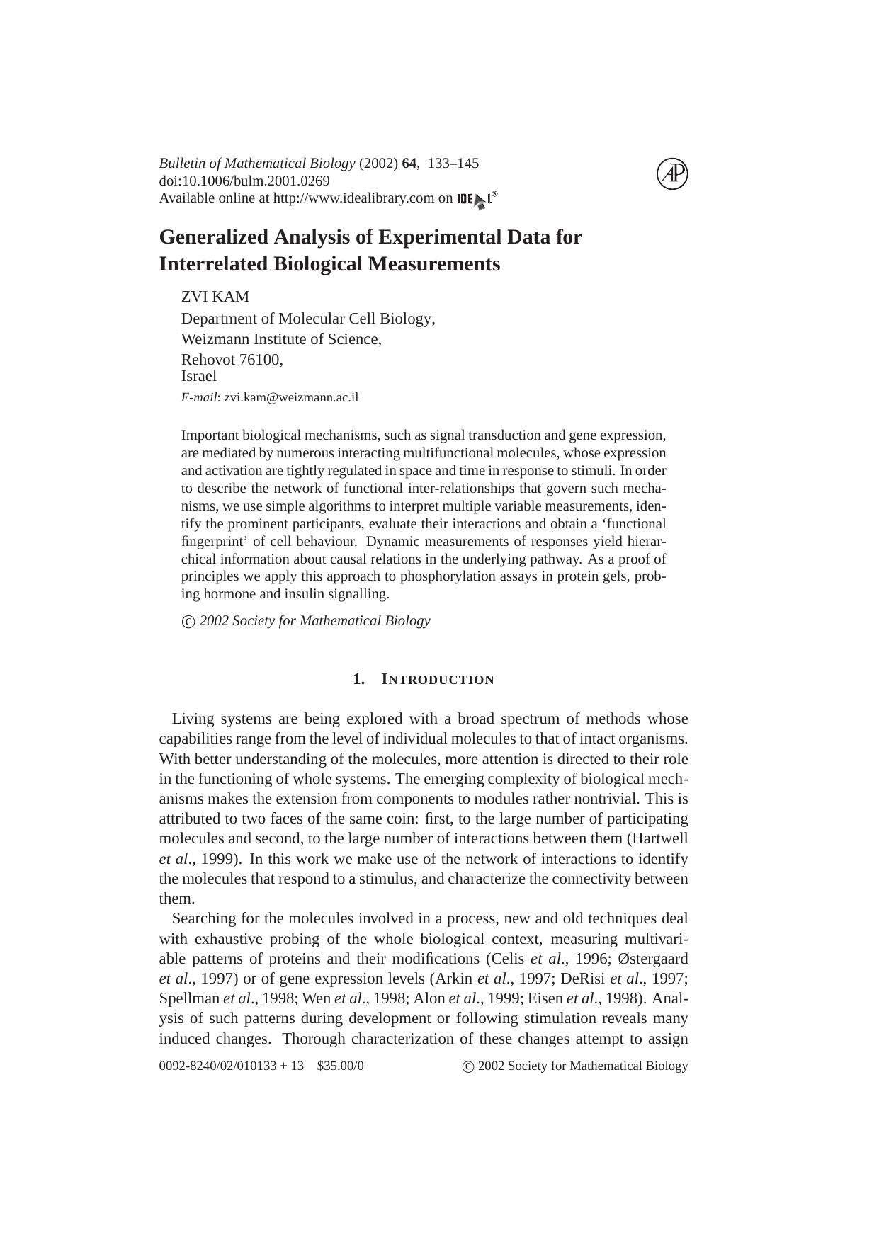 Generalized Analysis of Experimental Data for Interrelated Biological Measurements by Z. Kam